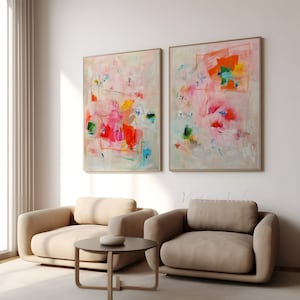 Beig orange abstrakte Drucke, Set mit 2 großen Drucken, Verspielt und bunt Große Kunst, abstrakte Malerei Kunst Wohnzimmer Wanddekor
