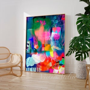 Impressão de pintura abstrata divertida, vívida e colorida, arte de parede abstrata vibrante em azul brilhante e multicolorida, decoração de parede eclética