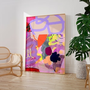 Stampa di pittura moderna astratta viola lilla, Arte murale extra large, Pittura astratta eclettica, Arte murale alla moda con motivo colorato