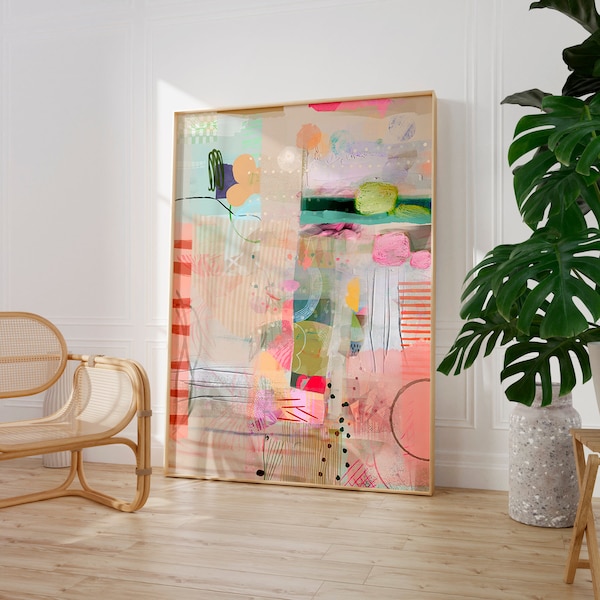 Abstract wall art, Beige pink green painting print, Extra large Modern abstract artwork, Eclectic boho wall decor, Pastel colors wall art