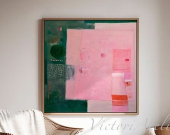 Abstract wall art print, Green and pink Large abstract painting, Geometric minimalist art for modern wall decor