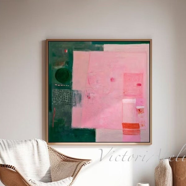 Abstract wall art print, Green and pink Large abstract painting, Geometric minimalist art for modern wall decor