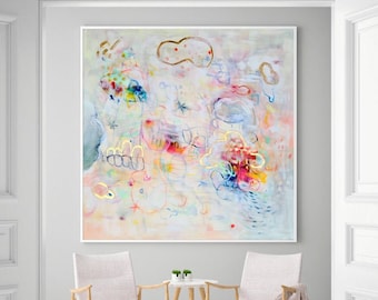 White and multicolor abstract painting print with light colours,  Extra large wall art, Minimalist abstract art, Hand embellished with gold