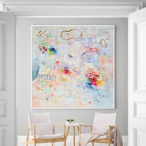 White and multicolor abstract painting print with light colours,  Extra large wall art, Minimalist abstract art, Hand embellished with gold