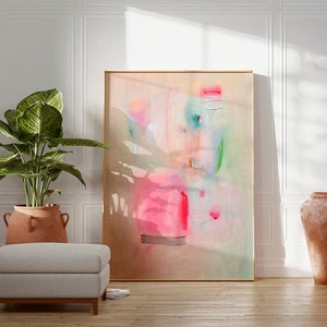 Impresión de pintura abstracta, arte abstracto minimalista beige rosa claro, decoración de pared moderna, arte de pared extra grande