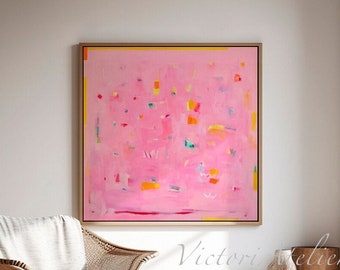 Abstract schilderij print, roze minimalistische abstracte kunst, modern wanddecor, roze en gele muurkunst.