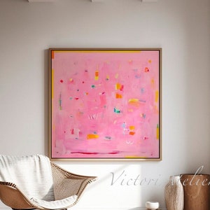 Impression de peinture abstraite, art abstrait minimaliste rose, décoration murale moderne, art mural rose et jaune.