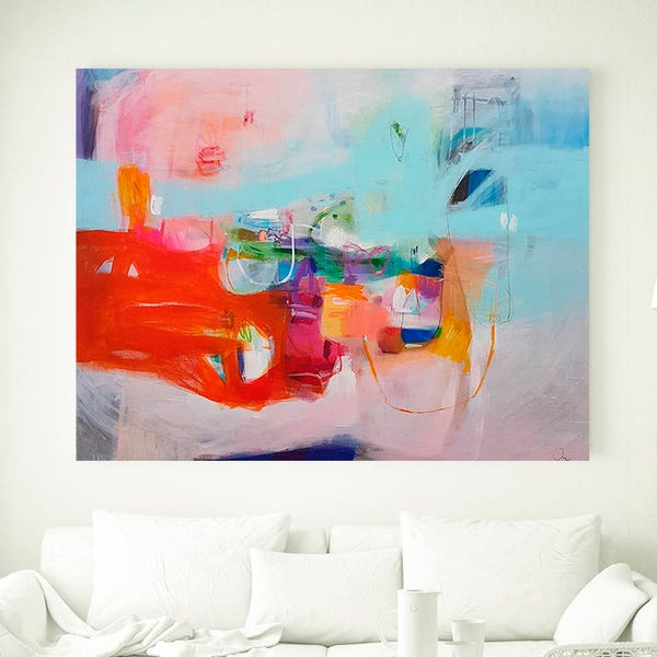 Orange and light blue large abstract painting, large wall art, original acrylic abstract painting, abstract wall art, large original art