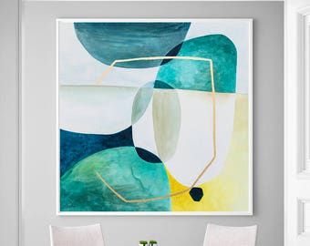 Wall art geometric print, abstract giclee print, teal, blue abstract art, large geometric abstract painting