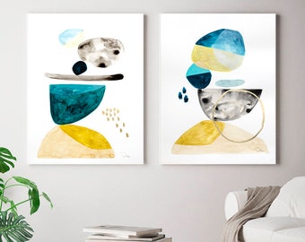 Abstract wall art set of 2 prints, Blue and yellow minimalist painting, Abstract watercolor set
