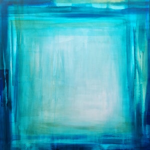 Pode incluir: Pintura abstrata com composi&ccedil;&atilde;o quadrada. A obra apresenta um gradiente de azuis e verdes-&aacute;gua, com tons mais escuros emoldurando uma &aacute;rea central mais clara. As pinceladas criam um efeito texturizado, evocando uma sensa&ccedil;&atilde;o de profundidade e fluidez.