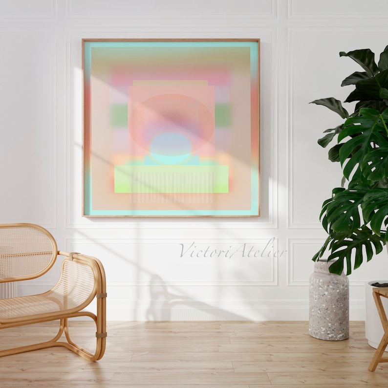 May include: Abstract geometric art print with a pastel color palette of pink, blue, green, and yellow. The print features overlapping circles and squares.