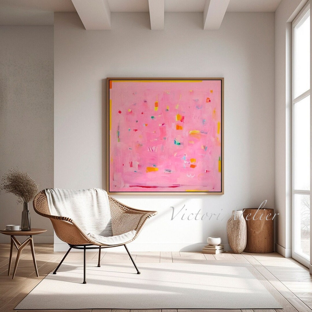 Abstract Painting Print, Pink Minimalist Abstract Art, Modern Wall Decor, Pink and Yellow Wall
