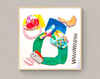 Op de afbeelding: Abstracte kunstcollage met kleurrijke papieren uitsnijdingen in verschillende vormen en maten. De collage bevat groene, blauwe, roze, gele en witte vormen met zwarte en witte stippen.