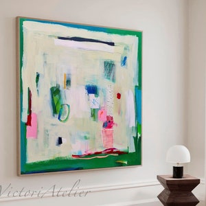 Green abstract painting print, Large modern wall art, Trendy living room wall decor