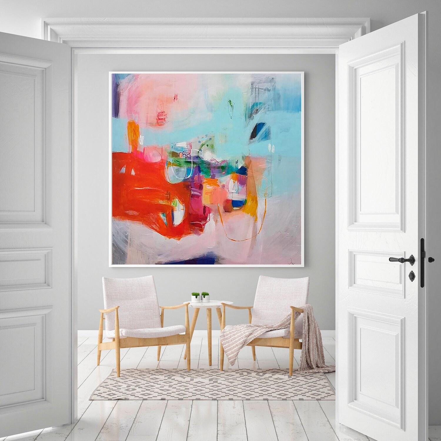 Abstract canvas art print, light blue and orange art, colorful painting for modern house, large wall art