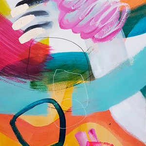 Puede incluir: Pintura abstracta con trazos audaces de pintura rosa, roja, amarilla, verde, azul y blanca. La pintura presenta una variedad de formas y l&iacute;neas, creando una composici&oacute;n din&aacute;mica y en&eacute;rgica.