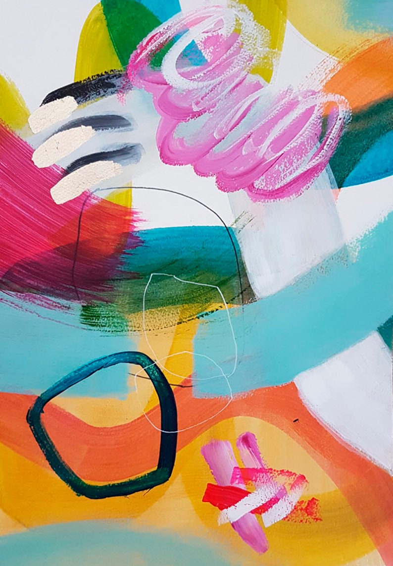 Puede incluir: Pintura abstracta con trazos audaces de pintura rosa, roja, amarilla, verde, azul y blanca. La pintura presenta una variedad de formas y l&iacute;neas, creando una composici&oacute;n din&aacute;mica y en&eacute;rgica.