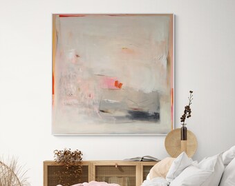 Large original abstract painting on canvas, Warm beige and pale pink colors minimalist wall art, Large square abstract art