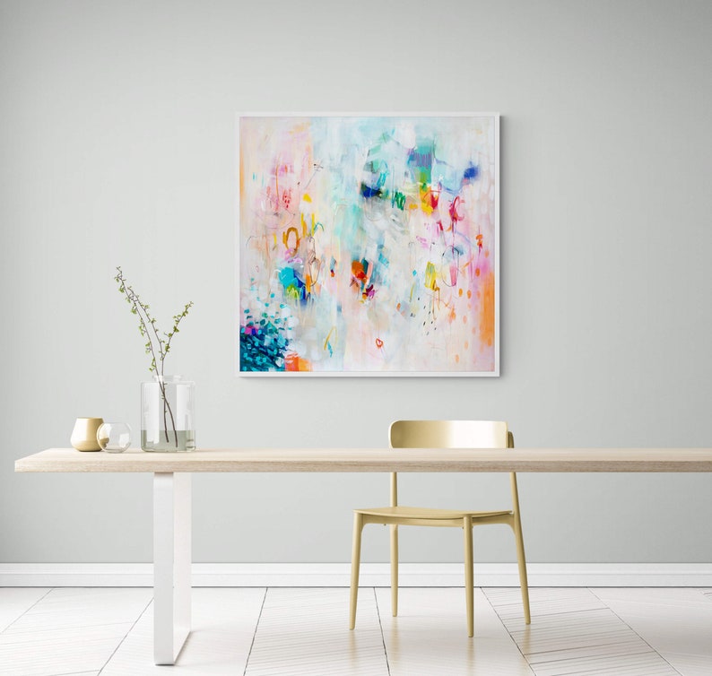 Abstract art painting print , White and multicolor Extra large wall art print, Canvas decor for living room, Art over coach sofa image 8