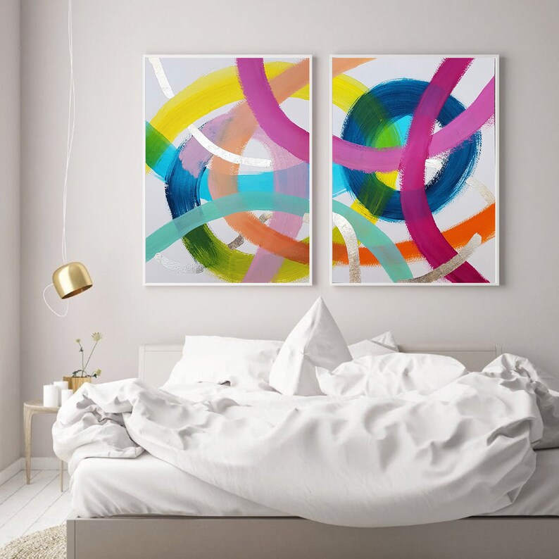 Set of 2 abstract prints, Extra large wall art, Colorful and gold funny Modern prints, Hand embellished with gold leaf, image 5