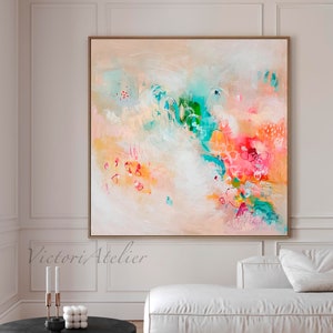Large floral wall art, Abstract painting print, Orange green wall decor