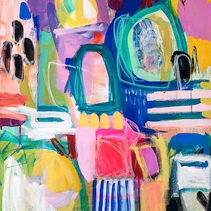 May include: Abstract painting featuring bold strokes of pink, yellow, blue, green, and black paint. The painting has a modern and colourful style.