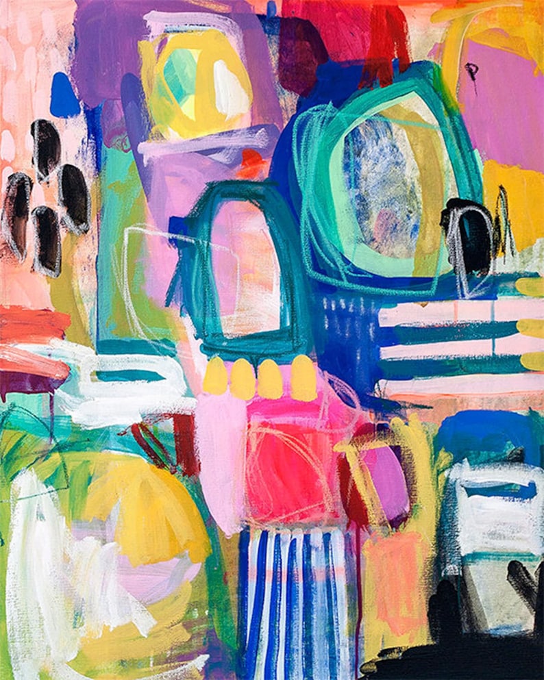 May include: Abstract painting featuring bold strokes of pink, yellow, blue, green, and black paint. The painting has a modern and colourful style.