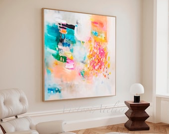 Orange Turquoise Abstract Art Print, Brush Stroke Landscape, Light Colors