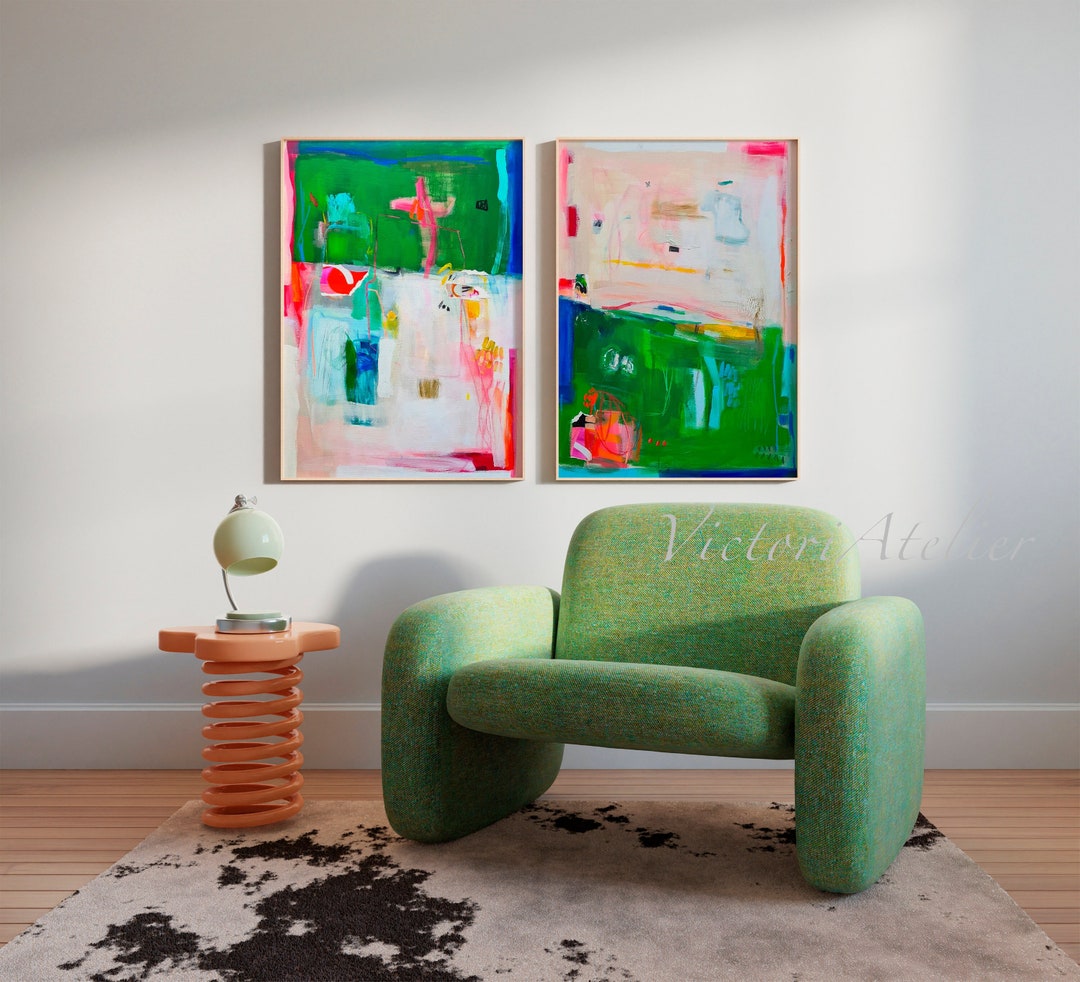 Bright Green Abstract Art Set of 2, Extra Large Absract Painting