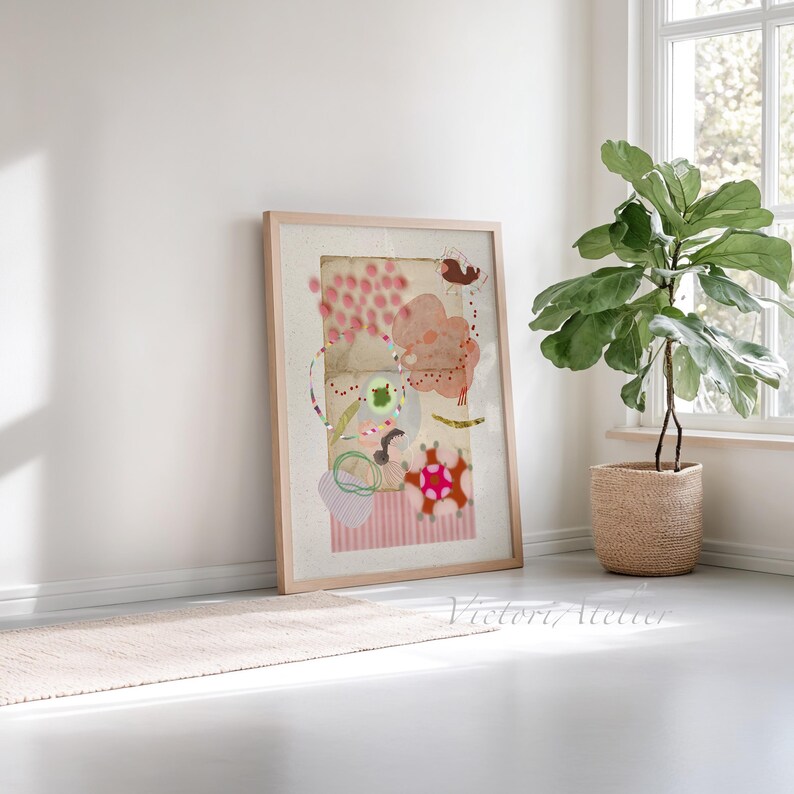 Pink Beige Abstract Art Print, Whimsical Collage Artwork - Etsy