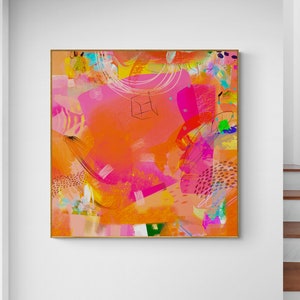 Bright wall art abstract painting print, Vibrant and colorful abstract art, Hot orange and pink vibrant wall decor
