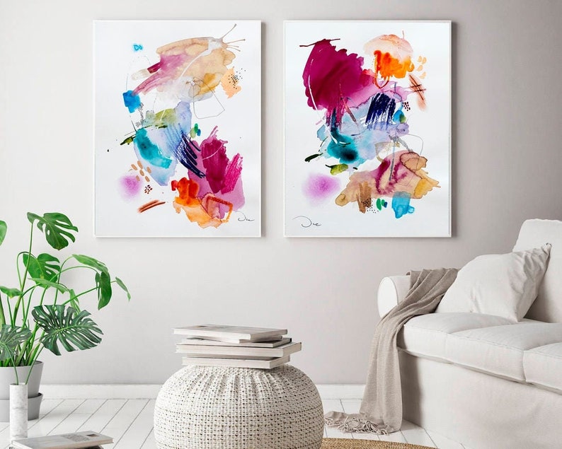 Set of 2 colorful watercolor fine art print, large watercolor painting giclee print, modern abstract art print, VictoriAtelier image 4