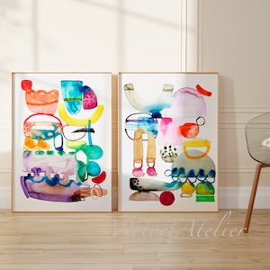 Conjunto de 2 impressões em aquarela abstrata, Conjunto de 2 pinturas abstratas coloridas e multicoloridas, Arte de parede divertida e alegre