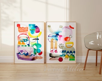 Abstract watercolor set of 2 prints, Colorful multicolor set of 2 abstract paintings, Fun joyful wall art