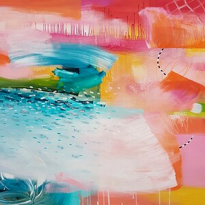 May include: Abstract painting with a mix of bright colors, including pink, orange, yellow, green, and blue. The painting has a layered and textured look, with brushstrokes and splatters of paint.