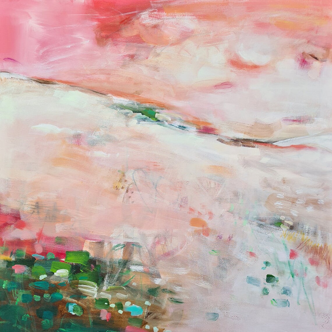 Pink and green Abstract landscape art print Floral abstract Etsy