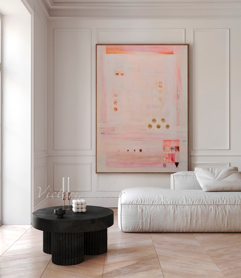 Original abstract painting, Light pink and gold leaf minimalist modern abstract art, Large wall art aesthetic vertical art, Ready to hang image 1