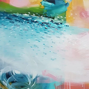 May include: Abstract painting with a mix of colors, including teal, pink, white, and yellow. The painting features a swirling pattern in the lower left corner and a series of white dots scattered across the canvas.