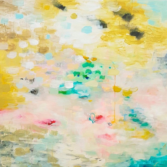 黄色の抽象的な風景、明るい抽象画、大きな花の風景の黄色と