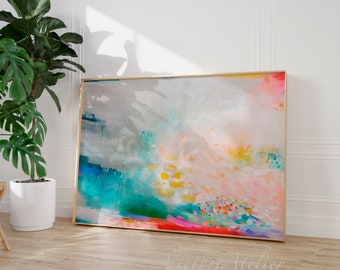 Abstract landscape  print, Horizontal abstract art, White multicolor floral abstract painting