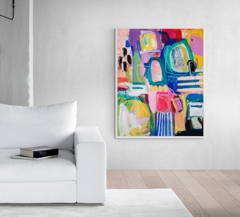 May include: Abstract painting featuring vibrant colours, including pink, blue, green, yellow, and black. The painting incorporates geometric shapes and lines, creating a dynamic and energetic composition.