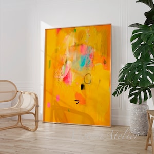 Bright and vibrant yellow wall art abstract painting print, Large vertical modern art