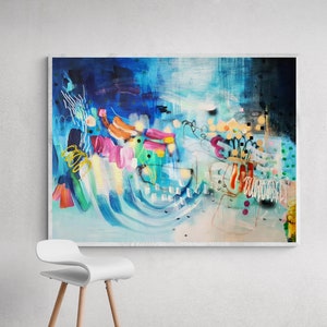 Moderne blaue abstrakte Malerei, lebhaft, bunt mit lebendigen Farben, extra große Wandkunst, leuchtend blaue abstrakte Malerei