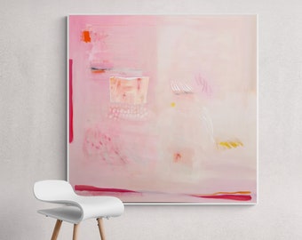 Original abstract painting on stretched canvas Ready to hang, Light pink minimalist abstract art, Modern Living room wall decor, 40x40inches