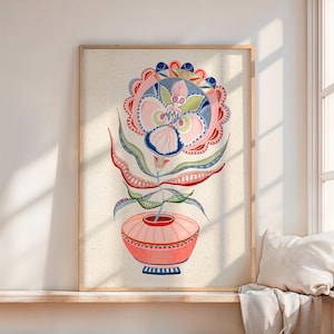 Flower wall art print, Pink and blue floral illustration, Eclectic floral drawing art, Abstract flower in vase painting
