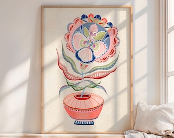 Impresión giclée floral rosa y azul, arte abstracto en jarrón de flores