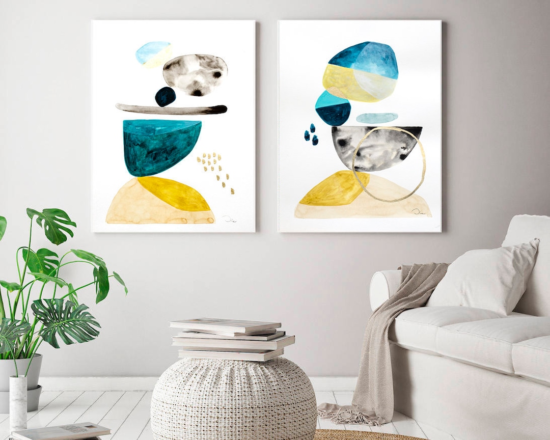 Blue and Yellow Abstract Watercolor Print Set, Minimalist Wall Art - Etsy