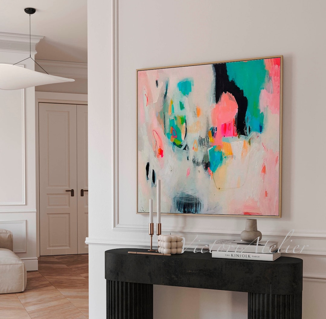 Pink Green and Black Abstract Wall Art, Modern and Elegant Painting ...