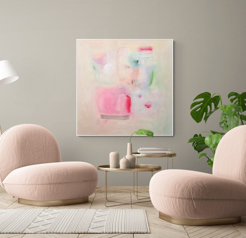 Impresión de pintura abstracta, arte abstracto minimalista beige rosa claro, decoración de pared moderna, arte de pared extra grande image 8